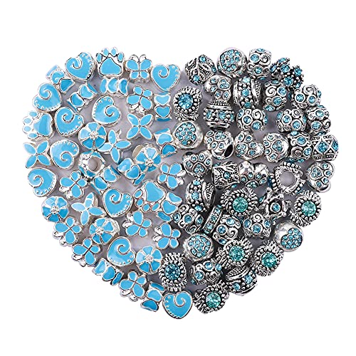 60 Pieces Assorted European Beads with Plating Silver Metal Alloy Rhinestone Large Hole Spacer Beads for DIY Charm Bracelet Jewelry Making (Aqua) - color: Aqua