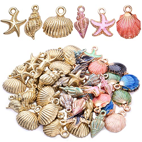 60pcs Alloy Ocean Starfish Seashell Conch Charms Colorful Enamel Ocean Life Sea Animal Pendants Charms Craft Supplies for Woman DIY Jewelry Making Birthday Wedding Party Favor Gifts