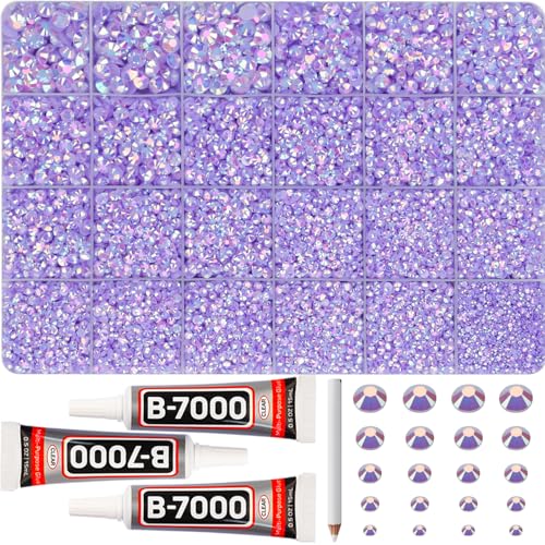 31000Pcs Lavender Resin Rhinestones for Bedazzling, Light Purple 2-6mm Mixed Sizes, Bedazzled Flatback Gems Crystal Jewels Diamonds Gemstones Stones Bedazzle Set with B7000 Glue for Crafting Clothes - color: Jelly lavender AB 2-6mm, size: Large Pack + 3Pc