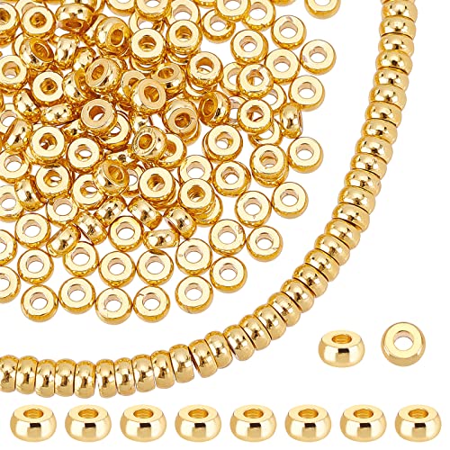 PH PandaHall 240pcs 18K Gold Disc Sapcer Beads, 4mm Flat Round Beads Heishi Rondelle Bead Solid Brass Bead Metal Spacers for Summer Stackable Necklace Bracelet Jewelry Making - size: 4mm