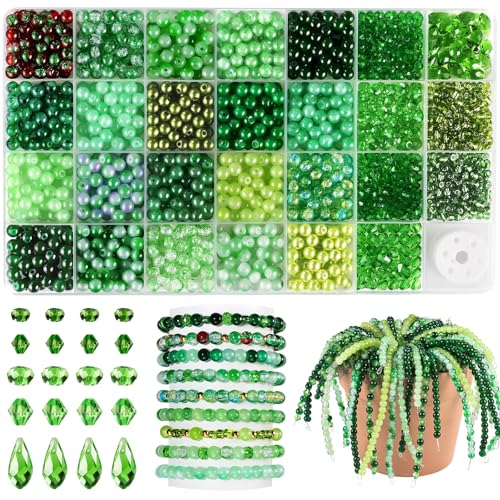 Funtopia 1600pcs Green Glass Beads for Bracelets, 6mm Crystal Beads for Jewelry Making Beaded Plants, Round Glass Beads with Faceted Bead Seed Beads for DIY Plant Making Crafts Earrings Necklace - color: #10 Green, size: 6mm