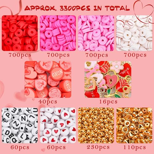 BONNY BOXX 3300PCs Valentine Day Clay Beads Set, Flat Round Disc Heishi Polymer Clay Beads with Letter Beads & Charms for Friendship Bracelet Making, Valentine Jewelry for DIY Crafts Birthday Gifts - color: Clay Beads Set - 003