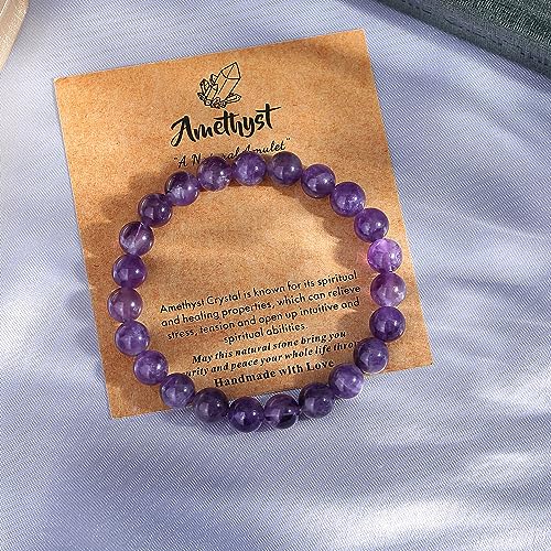 MAIBAOTA Healing Crystal Bracelet for Women Men, 8/4 mm Natural Stone Beaded Bracelets, Jewelry Birthday Gifts, Round Gemstones Stretch Bracelets - color: Purple-Amethyst, size: 8 mm