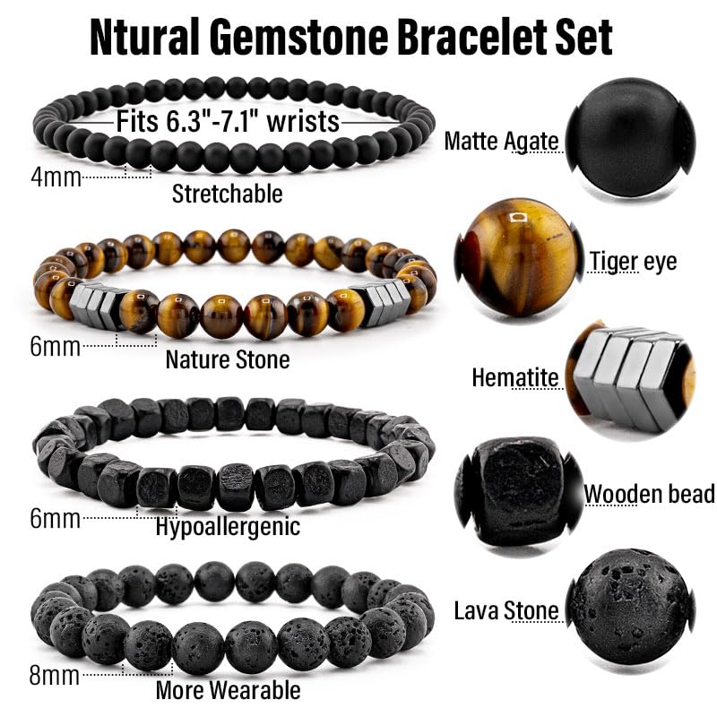 Men’s Hematite Bracelet Set Boho Multi - Tiger Eye/Matte Agate/Lava Rock Gifts for Birthday/Anniversary/Christmas - color: F05 Tiger Eye