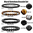 Men’s Hematite Bracelet Set Boho Multi - Tiger Eye/Matte Agate/Lava Rock Gifts for Birthday/Anniversary/Christmas - color: F05 Tiger Eye