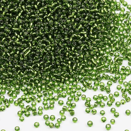 Transparent Dark Green with Silver Lined Beads Size 8/0 Crafts Glass Seed Beads 3mm for Jewelry Making (Total About 100g About 3600pcs) - color: Transparent Dark Green with Silver Lined, size: 3mm