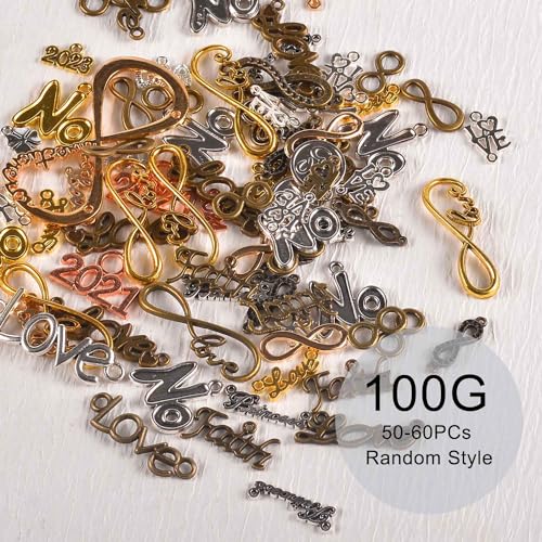 stino Metal Charms for Jewelry Making 100gram, Bulk Tibetan Silver & Gold Plated Trinkets for Earring Necklace Jewelry Making and Findings - color: Words Silver & Gold