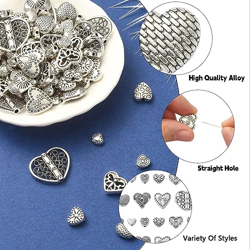 DanLingJewelry 100Pcs 10 Styles Tibetan Alloy Antique Sweet Love Heart Beads Heart Spacer Beads for Valentine's Day Jewelry Making - color: 100pcs - heart I - 10 styles