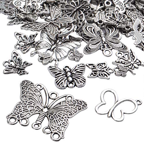 Jdesun 100g Craft Supplies Antique Silver Mixed Butterfly Charms Fly Insect Pendant Charms for DIY Necklace Bracelet Crafting,30-60pcs - style: Silver Butterfly Charms