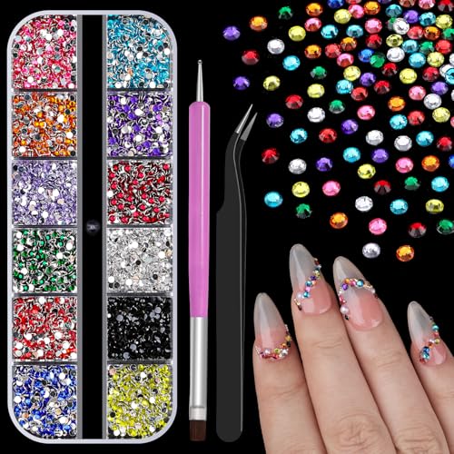 4000pcs 2mm Flatback Nail Art Rhinestones, Resin 3D Sparkling Nails Crystal Diamonds Gems Mini Charms with Tweezers and Dual-end Brush for Nail Art, Crafts Artwork DIY, Face Makeup Gems Jewels (6-K1) - color: 6-K1-soild-color