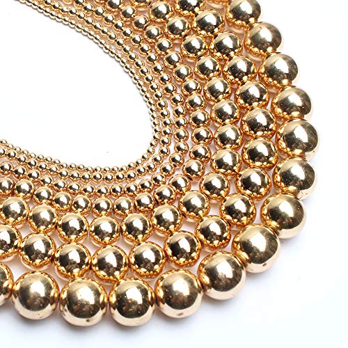 Song Xi 14K Gold Hematite Beads Round Loose Beads for Jewelry Making DIY Bracelets and Necklaces 6mm/60pcs - color: 14k gold, size: 6mm