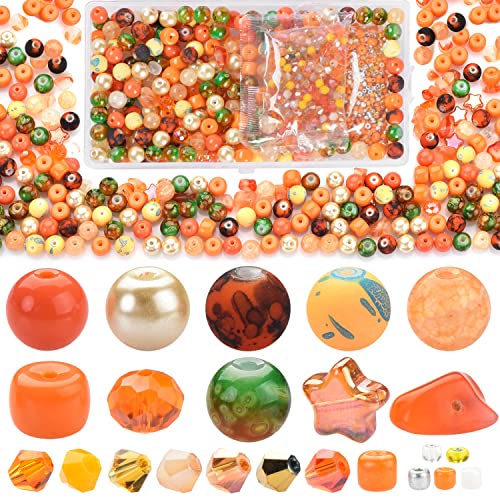 Rired 27 Glass Beads for Bracelet Making Kit, 900pcs Orange Crystal Beads Set, Craft Beads Include Assorted 8mm Round/Bicone/Seed and Shaped Star Beads for Jewelry Making - color: ORANGE
