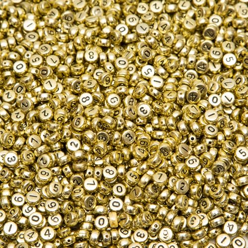 1000Pcs Acrylic Number Beads Round Number Round Beads 4x7mm Mixed Number Beads, for Jewelry Bracelets Necklaces Key Chains Making (Gold) - color: Gold