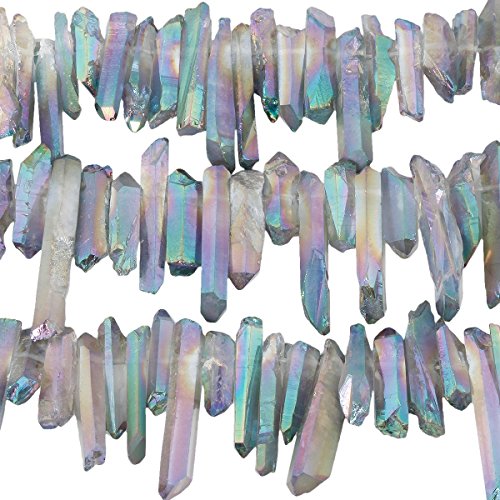 rockcloud Natural Rock Crystal Points Titanium Coated Clear Quartz Sticks Spikes Top Drilled 15 inch Strand,Green&AB Crystal - color: #34-Green&AB Crystal(Small)