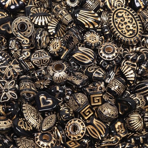 7.5 OZ Assorted Vintage Acrylic Beads For Jewelry Making, Song Xi Unique Flower Rose Czech Beads For Bracelet Earrings, Bohemia Style, Bulk, Arts and Crafts, DIY Holiday Gift (240-260 PCS, Black Gold) - color: Black Gold