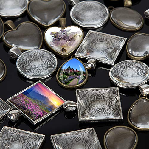 60 Pieces 5 Styles Pendant Trays 30pcs Round & Square & Heart & Teardrop & Oval and 30pcs Bright Glass Cabochon Dome Tiles for Crafting DIY Jewelry Gift Making - color: 30Pcs Metal Pendant+30pcs Bright Glass Cabochon