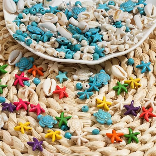 307Pcs Turquoise Sea Turtle Beads Blue and White Starfish Beads Tortoise Turtle Charms Summer Ocean Animal Spacer Bead for Jewelry Making DIY Bracelet Necklace(7 Strings) - color: Colorful