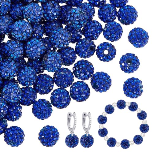 PH PandaHall About 100pcs 10mm Blue Rhinestone Beads Blue Polymer Clay Crystal Bead Pave Disco Ball Clay Beads Round Diamond Bead for Necklace Bracelet Jewelry Making Party Decoration - color: Blue
