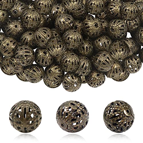 TOAOB 100pcs 10mm Antique Bronze Filigree Hollow Ball Beads Round Metal Loose Spacer Beads for DIY Crafts Bracelets Necklaces Earrings Jewelry Making - color: Antique bronze, size: 10mm