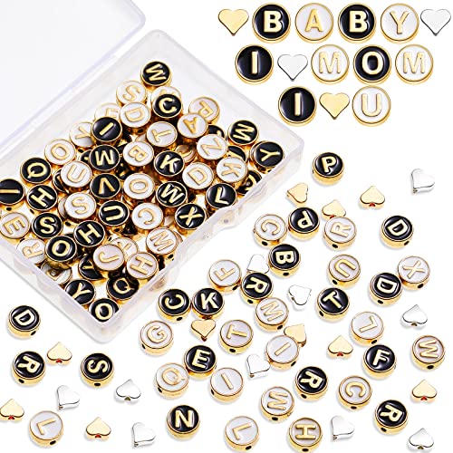 Sureio 114 Pcs Alloy Alphabet Letter Beads 8 mm Flat Round with Letter A-Z Plated Metal Initial Loose Spacer Beads for DIY Bracelet Necklace Earring Jewelry Craft Making(Black, Gold) - color: Black, Gold