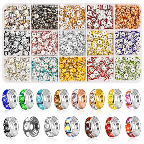 shynek 1200 Pieces Rondelle Spacer Beads for Jewelry Making, 6mm Rhinestone Spacer Beads Crystal Bead Spacers for Bracelets, Focal Beads for Pen, 15 Colors - size: 6mm