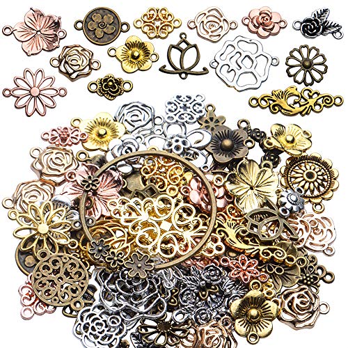 Jewelry Connectors Charms, 100 Gram Flower Tibetan Style Mixed Flower Shape Pendants Metal Beads Link Connector Charms for DIY Earring Necklace Jewelry Making