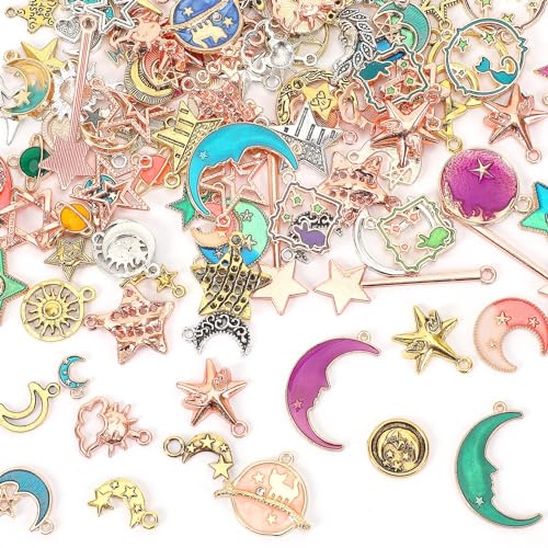 MARFOREVER 120 Pcs Mixed Sun Star Moon Charms for Jewelry Making, Celestial Charm Bracelet Charms Assorted Gold Enamel Charm Pendants for DIY Crafts Bracelet Necklace Earrings Making - style: Starry sky