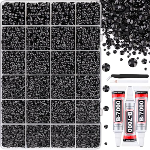 32000Pcs Black Rhinestones for Bedazzling, Flatback Resin Gems Crystal, Bedazzler Kit with 3Pcs 10ml B7000 Jewelry Glue and Tweezers for Makeup Crafting Nail Art - color: Black, size: Large Pack + 3Pcs Glue
