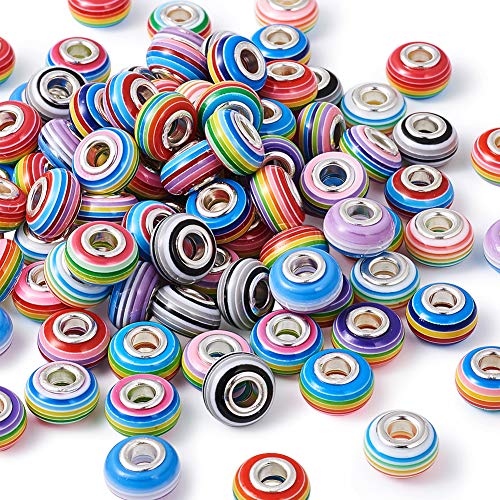Cheriswelry 100pcs Rainbow Stripe Rondelle European Beads Large Hole Colorful Resin Slide Charms Loose Spacer Beads with Brass Double Cores for DIY Bracelet Snake Chains Jewelry Making 14x8-8.5mm - color: Rondelle-Stripe
