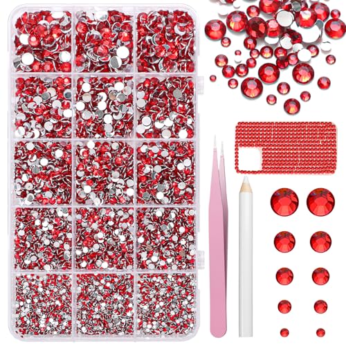 16000 Pcs Resin Rhinestones for Crafting, Flatback Red Gems Jelly Rhinestones, Mixed Sizes Red Bedazzling Crystal with Pickup Tool for DIY Crafts Clothing Tumblers Mugs Shoes Fabric Nail Art - color: Set-9