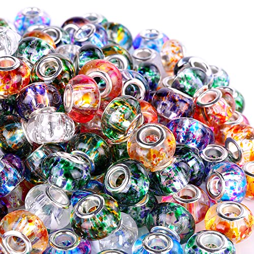100 Pieces 14mm European Large Hole Spacer Beads Mix Color with Silver Brass Cores Assortments Charm Lampwork Beads Supplies for Necklace Bracelets Jewelry Making (Transparent Spray) - color: Transparent spray