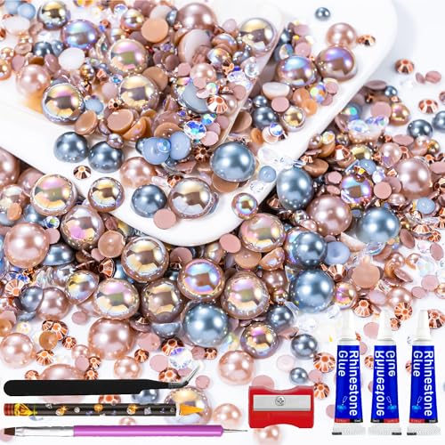 60g Coffee Flatback Rhinestones Half Pearls for Crafting, Mixed Size 3mm-10mm Resin Rhinestones for Bedazzling, Small Pearls for DIY Tumblers Mugs Nail Art Shoes Clothes with Glue - color: Coffee, size: 60g