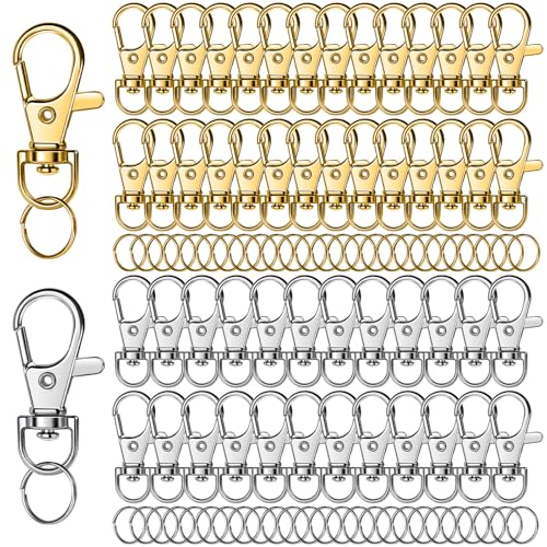 LEOBRO 100PCS Lobster Claw Clasps and Key Rings, Keychain Making kit, Keychains Clips and Key Chain Ring, for Key Chain, Jewelry Making, Art Crafts, Gold & Silver