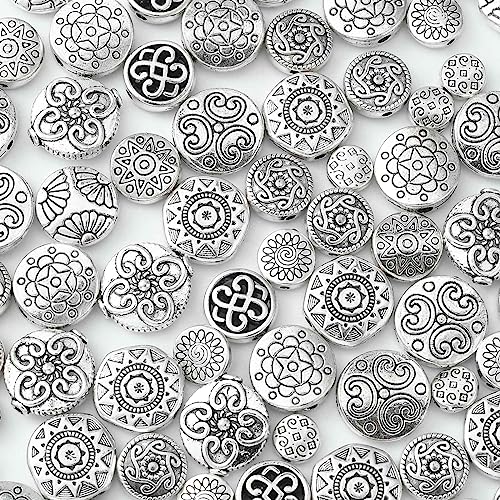 DanLingJewelry 100Pcs 10 Styles Antique Silver Flat Round Beads with Flower & Star Pattern Tibetan Round Beads for DIY Jewelry Craft Making - color: 100pcs - round - 10 styles