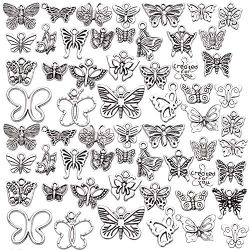 60pcs Silver Butterfly Charms Tibetan Butterfly Shape Alloy Pendants Insect Charms for DIY Necklace Bracelet Earrings Jewelry Making - style: Mixed Silver Butterfly Charms