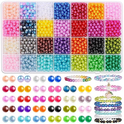 Audab 2240Pcs Pearl Beads for Jewelry Making 28 Colors, Colored Pearl Beads for Bracelets Making, 6mm Shiny Beads Small Round Pearl Bracelet Beads for Crafts, Jewelry Making and for Bracelets Making - color: 28 Colors