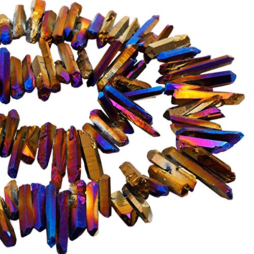 SUNYIK Purple/Gold/Blue Titanium Coated Crystal Points Quartz Rough Sticks Spikes Point Beads 15 inch Strand Drilled - color: Purple/Gold/Blue(Rough), size: 0.4"-1.3"