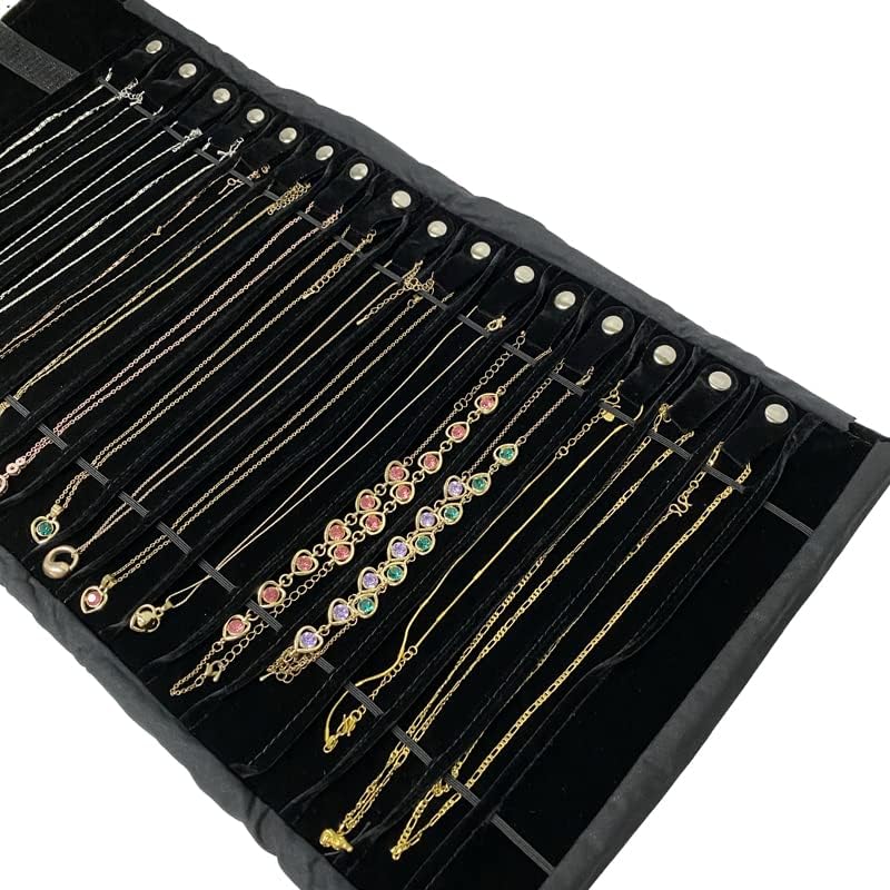 Portable Jewelry Roll Untangled Secure Necklace Travel Storage Bag Displays Holder 16 Chain (black PU and velvet) - color: black PU and velvet