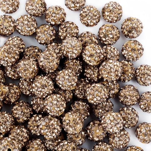 10mm Clay Rhinestone Beads for Bracelets, 100 Pcs Sparkle Crystal Beads for Jewelry Making, Glitter Round Shamballa Disco Ball Design for DIY Crafts Necklace Earrings Decoration (Light Brown) - color: Light Brown