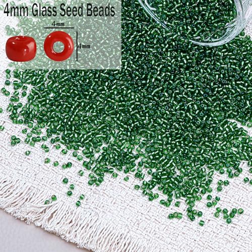 2000pcs Glass Seed Beads Bulk, 4mm 6/0 Mini Pony Spacer Small Individual Color Seed Beads for DIY Bracelet Necklaces Wrist Jewelry Making, Frosted Silver Green - color: Frosted Silver Green