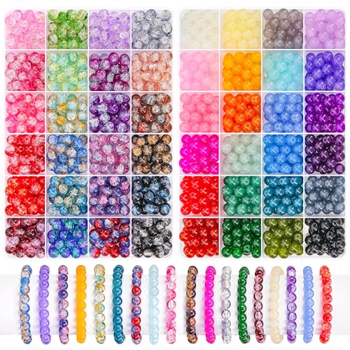 BONNY BOXX 1200 PCs 8mm Round Glass Beads for Jewelry Making, Bulk Crystal Beads in 48 Assorted Colors, Crackle Glass Beads for Bracelets, Necklaces, Earrings, Jewelry Design & DIY Art Projects - color: Glass Beads Set - 8MM