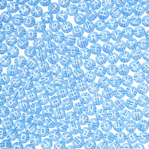 1000Pcs Acrylic Transparent Letter Beads Cornflower Blue Letter Beads 7mm Assorted Alphabet Flat Round Disc Bead Horizontal Loose Spacer Bead for Name Bracelet Necklace Jewelry Making - color: Cornflower Blue