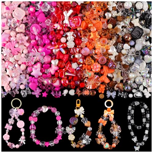400-450PCS TINKRSTUFF Assorted Acrylic Beads For Bracelet Making, Cute Bead For Jewelry Making Flower Bow Butterfly Candy GummyBear Kawaii Aesthetic Beads, DIY Necklace Keychain Phone Charms(6 Colors) - color: 6 COLOR SERIES-PINK+RED+ORANGE+BROWN+BLACK+RO