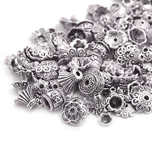 160-210pcs Bali Style Jewelry Making Metal Bead Caps Deluxe New Mix, 100 Gram,Tibetan Silver - color: Antique Silver