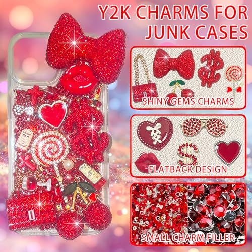 Red Junk Case Charms Kit, Junks Phone Cases With Rhinestone Accessories And Full Diamond Bow Bag Lollipop Cherry Dollar Sign Resin Kits With DIY Phones Decorations