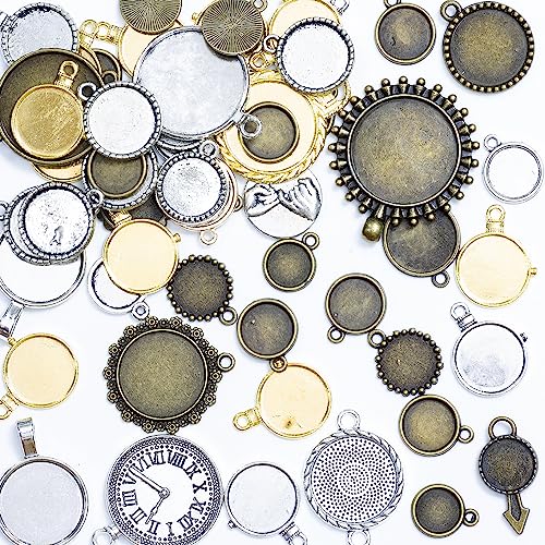 stino Metal Charms for Jewelry Making 100gram, Bulk Tibetan Silver & Gold Plated Trinkets for Earring Necklace Jewelry Making and Findings - color: Bezel Round Silver & Gold