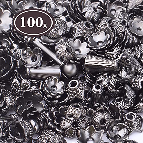 BronaGrand 100 Gram Gun Black Flower Bead Caps Tibetan Alloy Mixed Styles Spacer Beads Caps End Caps Craft Supplies for DIY Earrings Bracelet Necklace Jewelry Making Accessories - color: Gun Black