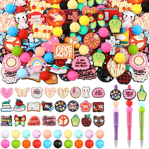 Ferreve 138 Pcs Silicone Focal Beads 48 Cartoon Charms 90 Solid Color Beads for DIY Pen Keychain Jewelry Making Soft Silicone Craft Bead with Assorted Designs for DIY Projects - color: Mixed Style