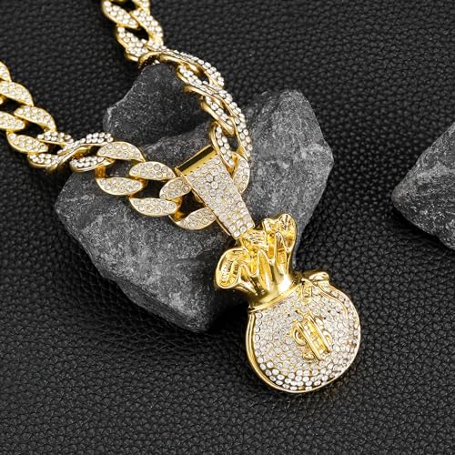Ice Out Chain for Men Premium Zircon Stones Hypoallergenic Durable Hip-Hop Streetwear Chain Necklace Men - color: Gold, style: Dollars Bag