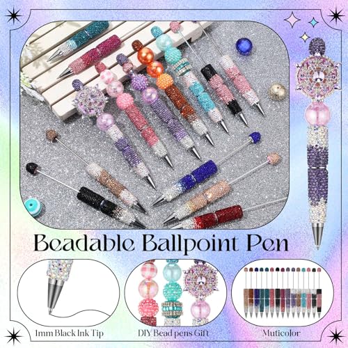 Tondiamo 45 Pcs Full Rhinestone Beadable Pens Bulk Set 15 Glitter Diamond Pens with Cards & Bags Fancy Beaded Pen for Beads DIY Cute Journalling Bling Ballpoint Craft Making(Gradient Diamonds) - style: Gradient Diamonds